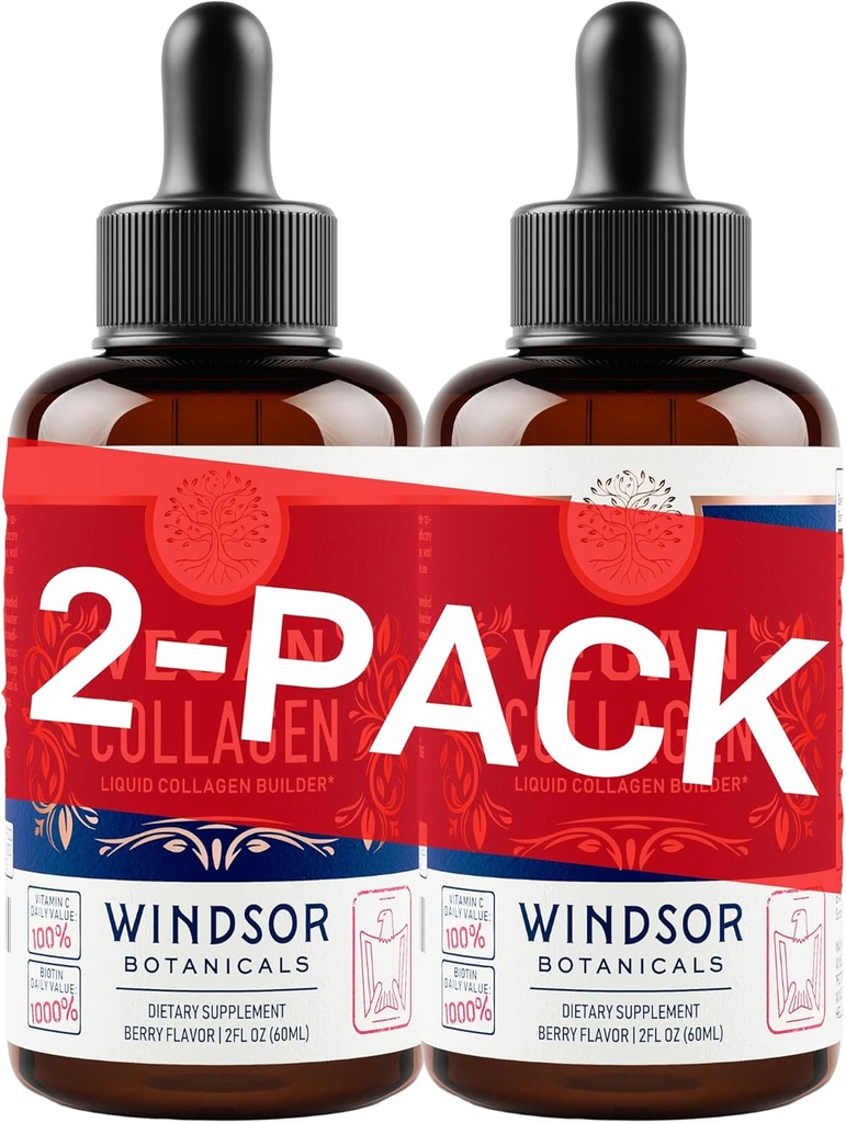 WINDSOR BOTANICALS Vegan Collagen Builder Šķidruma papildinājums - kolagēna pastiprinātājs ar C vitamīnu, biotīnu, hialuronskābi un aminoskābēm - Organiskie augļi un dārzeņi Blend - 120ml, 60 Diena