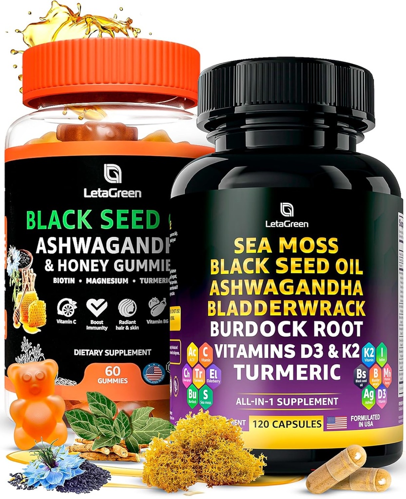 Sea Moss Capsules + Black See Oil Gumies Bundle, 60 Black See Gumies + 120 Sea Moss Pills, Dabas Aizsardzības Atbalsts ar vitamīniem un Multi Minerals Papildinājums Bandle