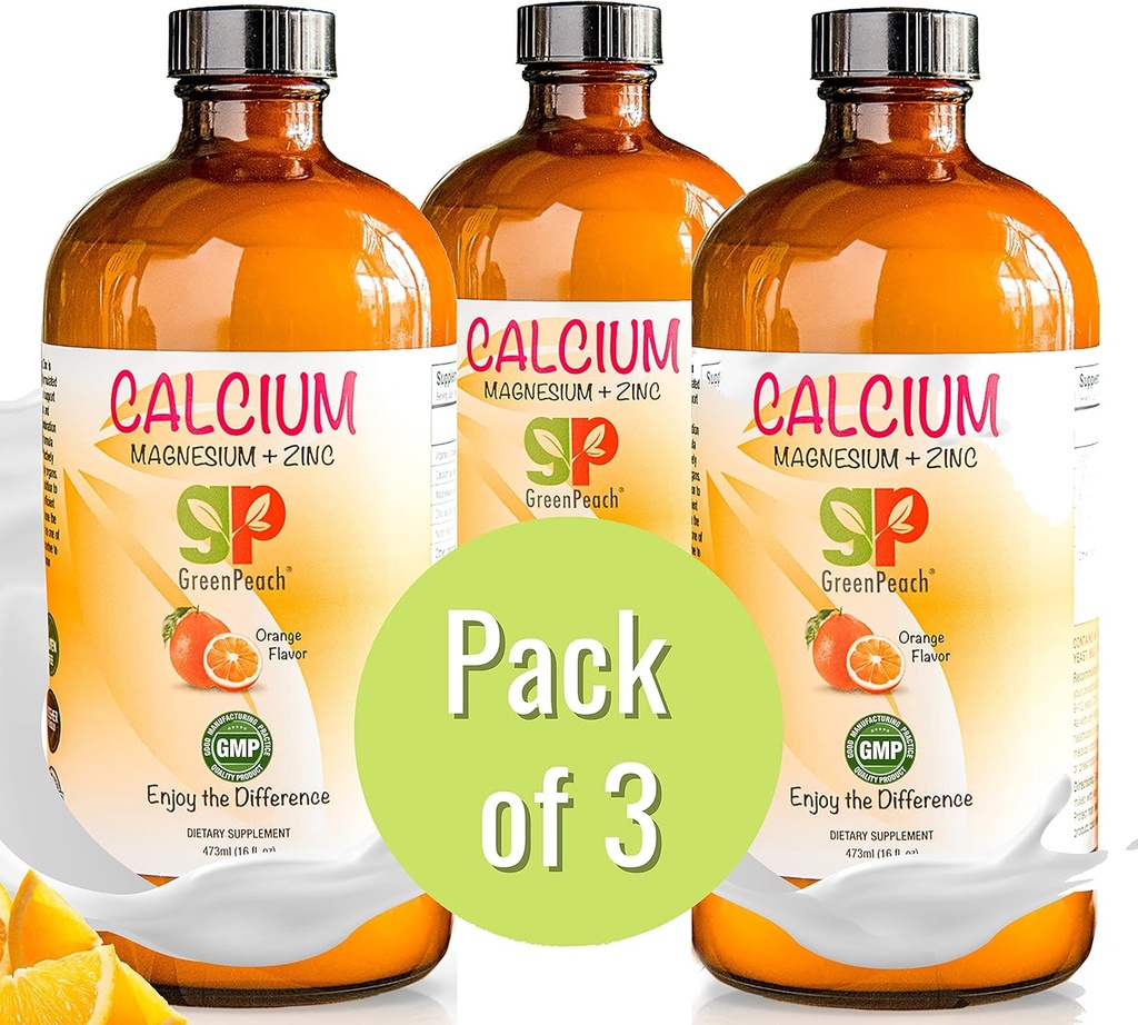 ZaļšPeach Šķidrais Kalcijs bērniem - Magnijs, D3 & Cinka papildinājums - Kalcija citrāts un vitamīns D3 Bērniem Kalmējošais Sīrups - Nē Cukura Nav Mākslīgu Uzliesmojumu - Veģetārs Košers (3-Iepakojums)