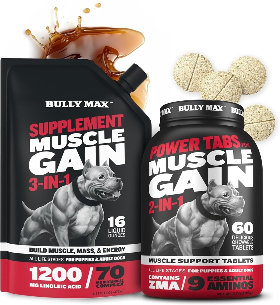 Bully Max 3-in-1 Šķidrais suns Muskuļu Builder un Power Tabs (60 tabs) Bandle – High Protein Papildinājums & Košļājami Multivitamīni muskuļu augšanu, Enerģija un atgūšana visās šķirnēm, kucēni un pieaugušie suņi