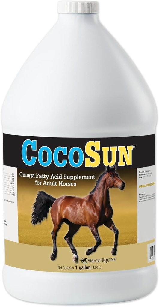 CocoSunTM Oil Omega Zirgu papildinājums; Omega 3, 6, 9 Papildinājumi Ideāli piemērots veselīgai ādai un shiny Coats; Zirgu piedevas svara pieaugumam; 1 Gallon