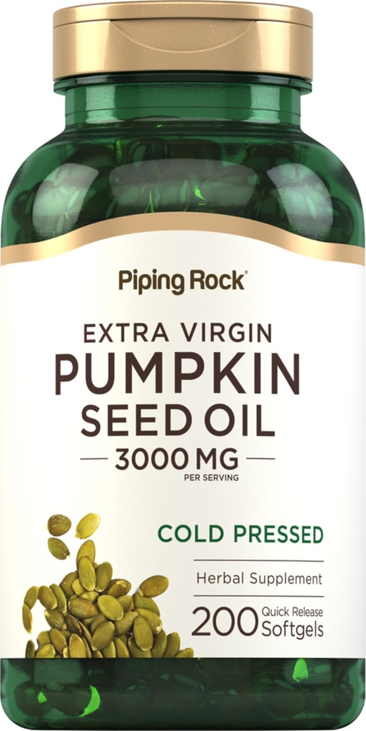 Piping rock Ķirbju sēklu eļļa Softgel kapsulas - 200 Skaits -- Auksti presēts augu valsts papildinājums - Extra Virgin ar Omega 6 un 9 -- Ne-GMO, bez lipekļa