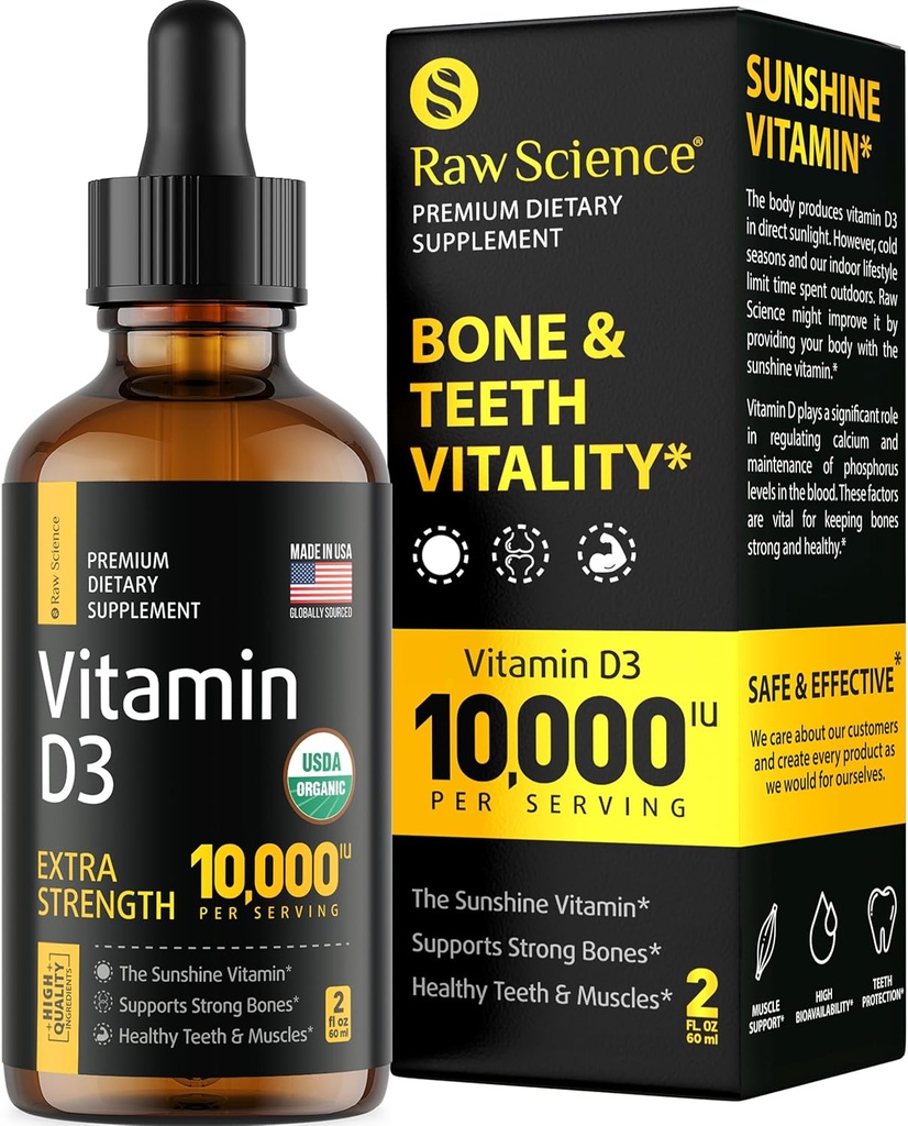 Šķidri D vitamīna pilieni - D3 vitamīns 10 000 SV ātrākai absorbcijai - palīdz atbalstīt spēcīgus kaulus un veselīgu sirdi - Vit D3 gara un imūnās sistēmas funkcija - augsta D3 vitamīna deva Sublinguāla - 2 fl oz