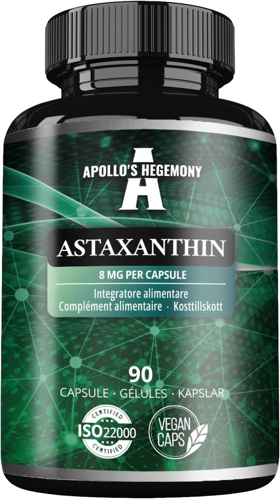 APOLLO'S HEGEMONY Astaksantīns 8 mg no Microalgae Haematococcus pluvialis - 90 Vegan kapsulas - 3 mēneši Piedāvājums - Spēcīgs antioksidants - Diēta papildinājums
