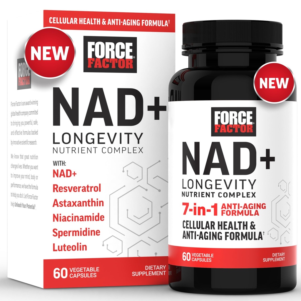 FORCE FACTOR NAD+ (NMN vai nikotīnamīda Ribozīda alternatīva) ar Resveratrol, Astaksantīnu, Spermidīnu un luteolīnu kompleksu, NAD šūnu veselības un veselīgas novecošanas atbalstam, 60 kapsulas
