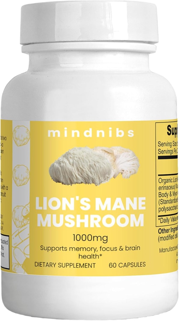 Organic Lion's Mane Sēnes Kapsulas 1000mg - Kognitīvais atbalsts, neiroprotektīvais nootrops, 60 Vegan Caps