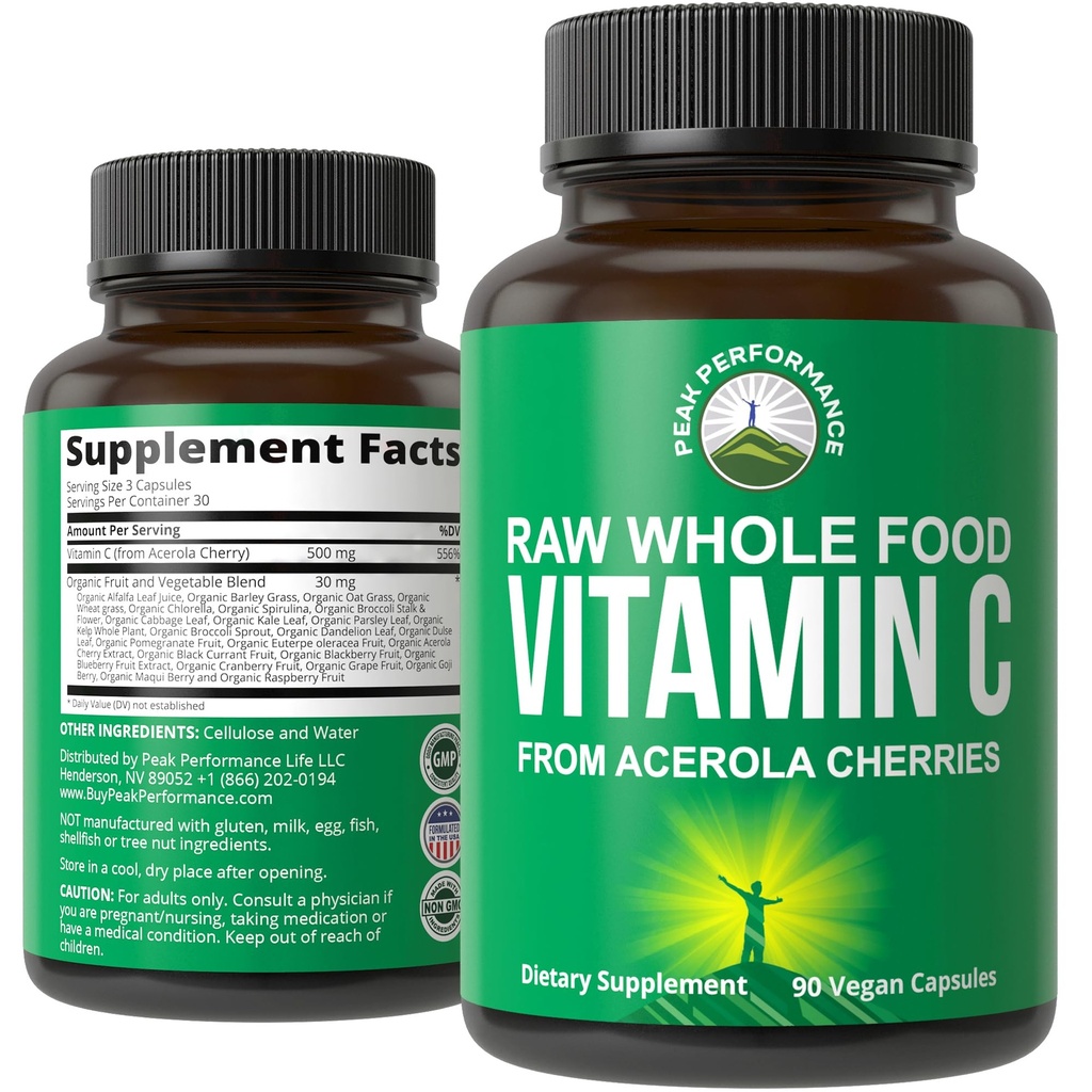 Maksimālā veiktspēja Raw Visa pārtika Dabas vitamīns C Kapsulas no Acerola Cherry Max Absorbcija. Vegan ASV Sourced Vitamīnu C papildinājums 90 tabletes. 500 mg Kalpo vai 2 Kalpo 1000mg