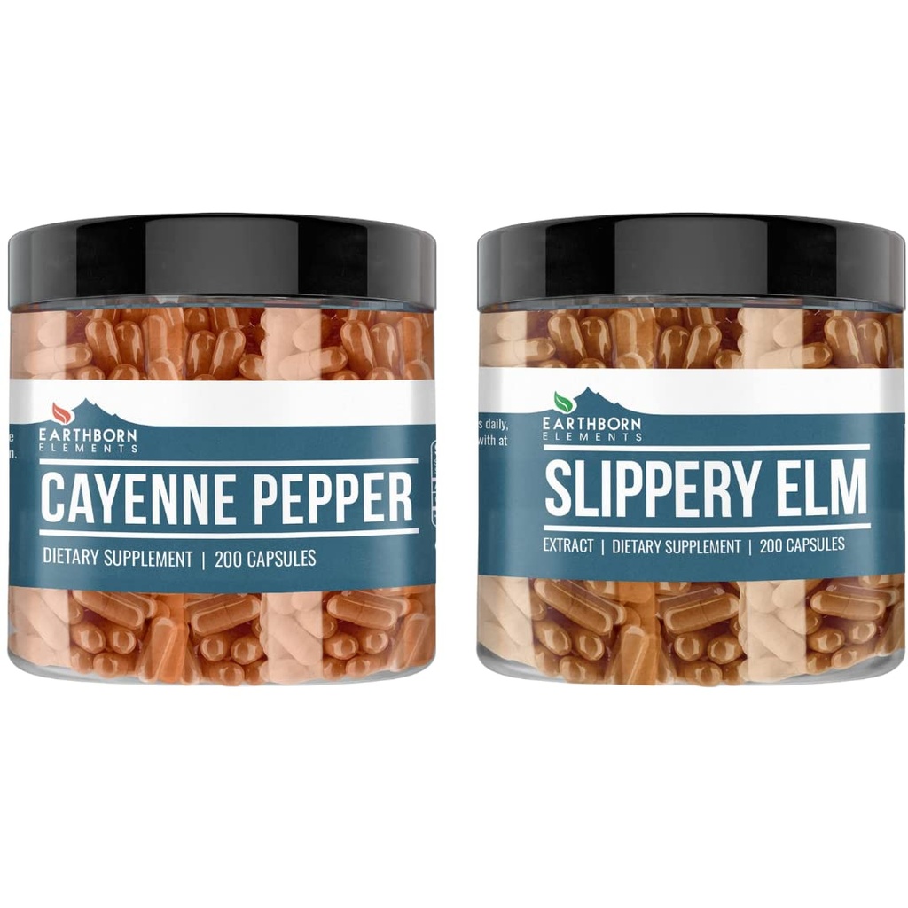 Earthborn Elements Cayenne Pepper & Slippery Elm Bundle (200 kapsulas katra) Tīra un neatšķaidīta, bez piedevām