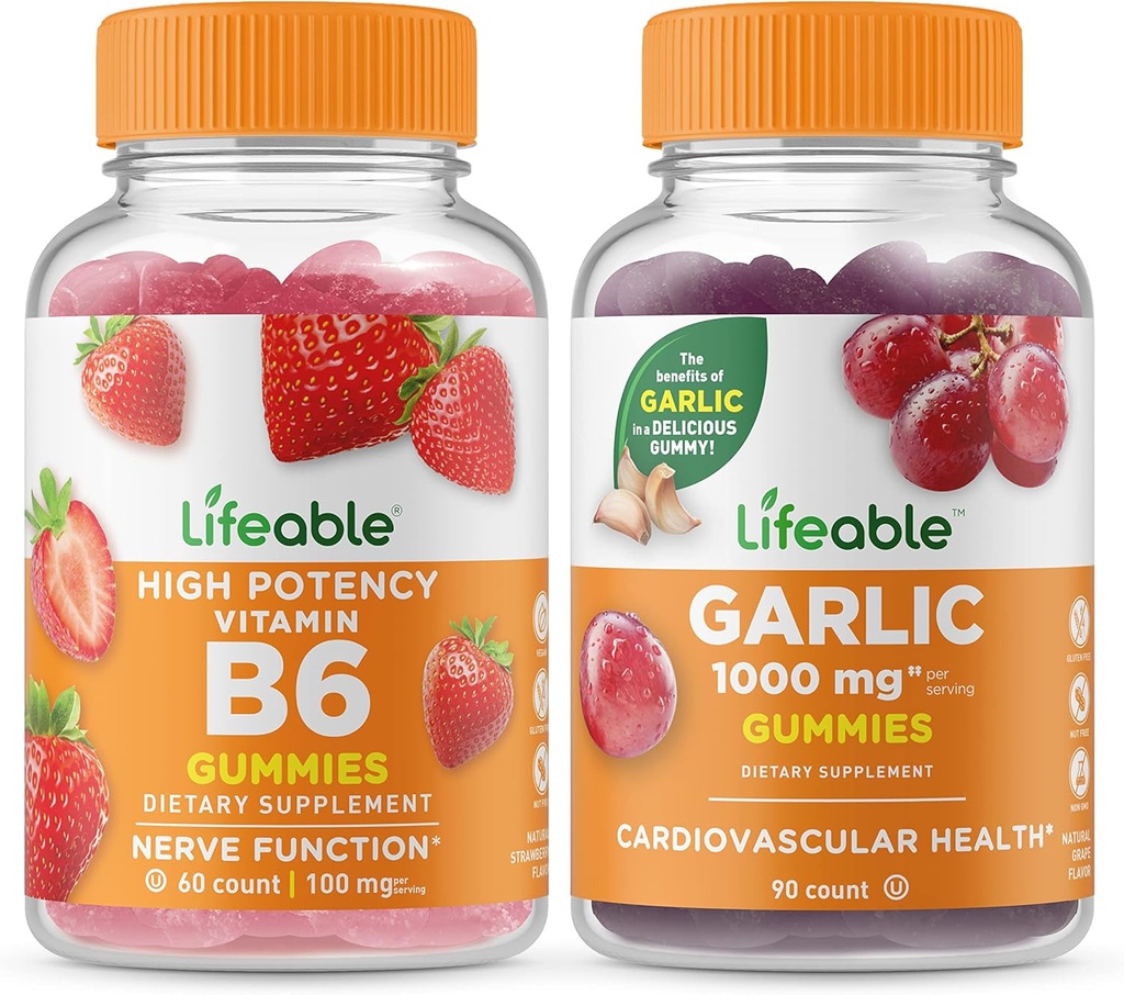 Dzīvotspējīgs vitamīns B6 + ķiploki 1000mg, Gumijas bariņš - Great Tasting, Vitamīnu Papildinājums, bez lipekļa, bez ĢMO, bez košļājamām