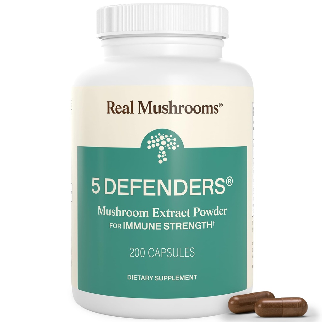 Reālās Sēnes 5 Aizstāvji Sēņu komplekss – Organic Adaptogenic Sēnes Blend with Chaga, Reishi, Turkey Aste, Maitake & Shiitake for Wellness Support - Sēņu Beta Glucan Kapsulas - 200 Count