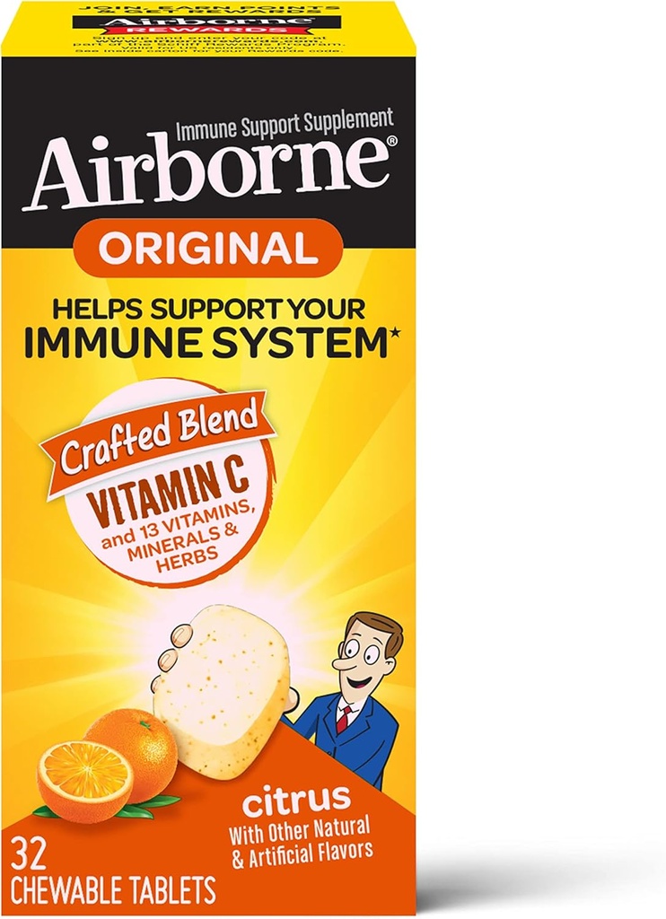 Gaisā pārnēsāts vitamīns C 1000mg (par apkalpojošo) Citrus chewable tabletes (32 Skaits kastītē), lipekļa-bez Imūnās atbalsta papildinājums, ar vitamīniem A C E, ZINC, Selenium, Echinacea & Ginger, Antioksidanti