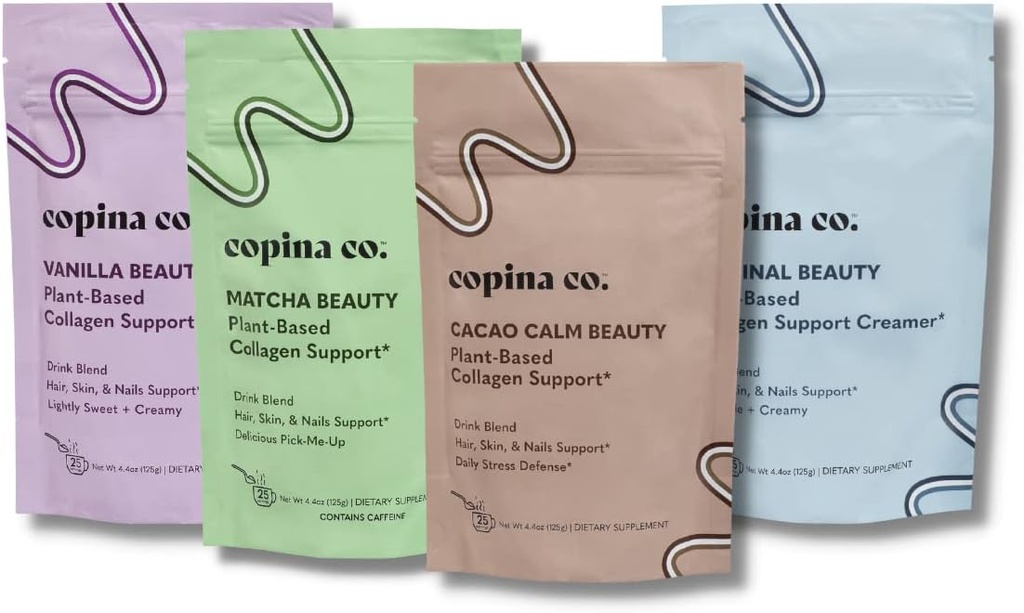 Copina Co. Vegan kolagēna pastiprinātājs Mix: augu bāzes kolagēna atbalsts Gludināšanas dzēriens Vegan Blend Variety Pack -- 4 Flavors Matcha, Vanilla, Original un Cacao Calm -- 25 porcijas uz 4.4oz maisu