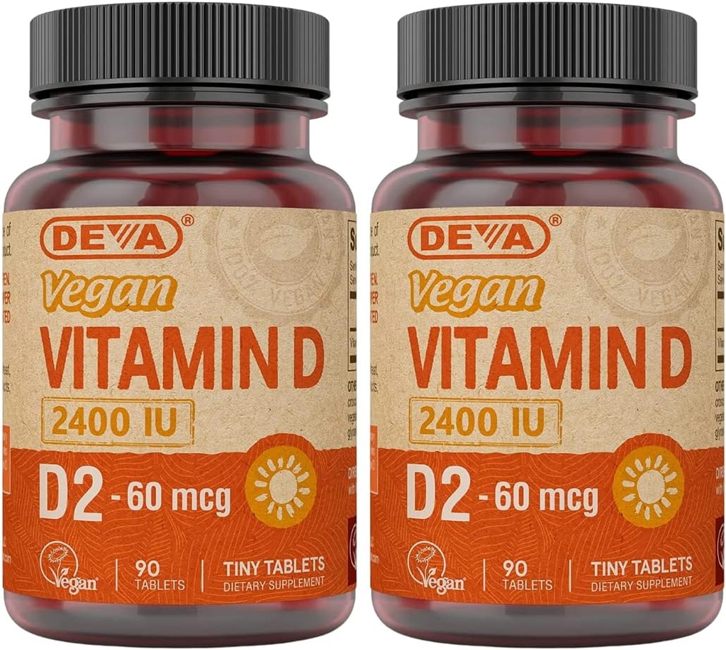 DEVA Vegan D2 vitamīns 60 μg 2400 SV, Ergokalciferola Papildinājums bez dzīvnieku izcelsmes sastāvdaļām, 90 tabletes (2. iepakojums)