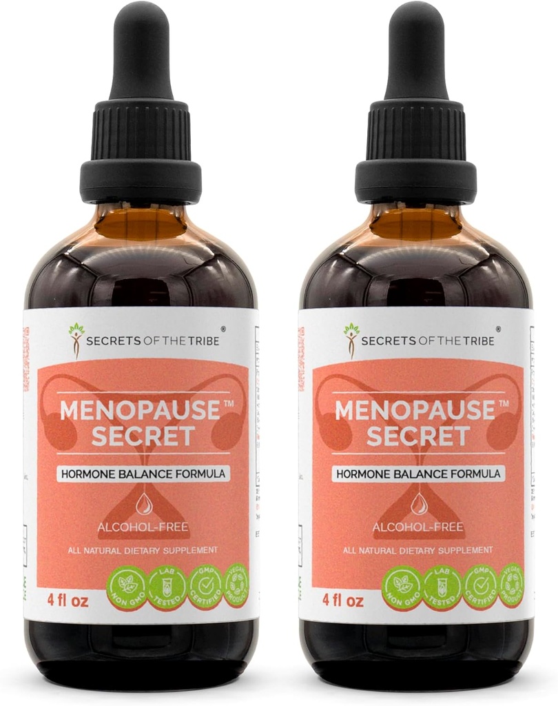 Menopauze Secret Alcohol-free, Glycerite Black Cohosh, Vitex, Red Clover, Maca, Dong Quai, St. John's Wort. Tinktūra, augu ekstrakts Hormonu balanss Formula 2x4 OZ