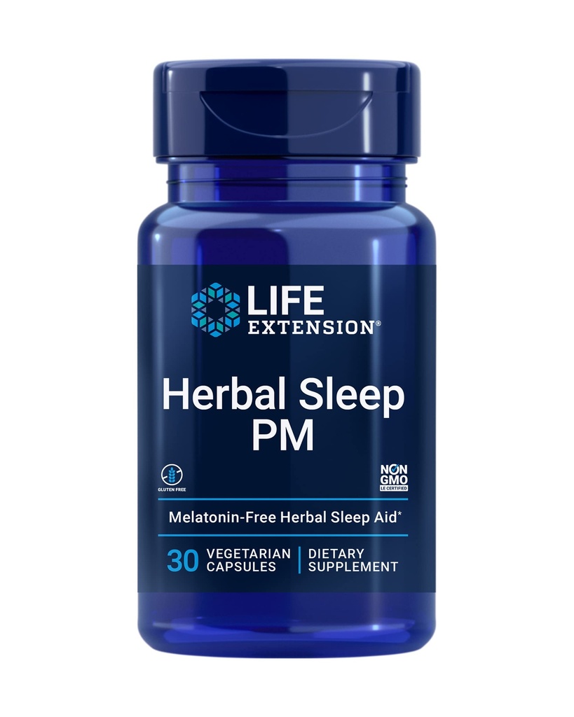 Life Extension Herbal Miega PM, Lemon Balm, honokiol (Magnolia miza), kumelītes, veicina veselīgu miegu, bez hormoniem, melatonīna, bez lipekļa, ne-GMO, veģetārietis, 30 kapsulas