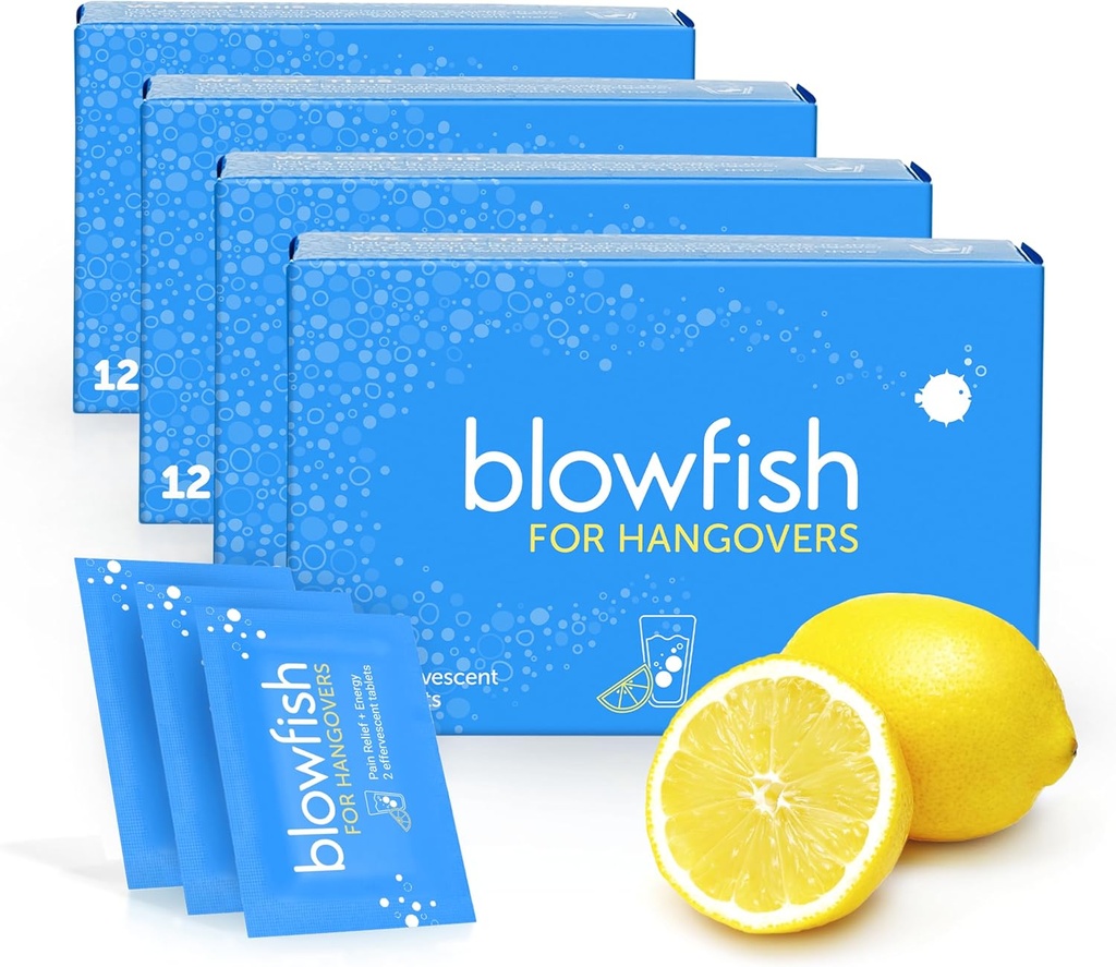 Blowfish par paģirām ; ātri, efektīvi Paģiras Relief ; 15 minūtēs darbojas; Hydrates, atvieglo galvassāpes un palielina enerģiju vienā posmā (4 Kastes)