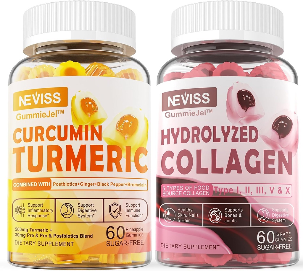 Bezcukura Kolagēns Pildītas Gumijas + bez cukura Turmeric Kurkumīns Pildīti Gumijas, Veselīgas ādas matu nagus, Kaulu un locītavu atbalsts, Imūnās un gremošanas veselība