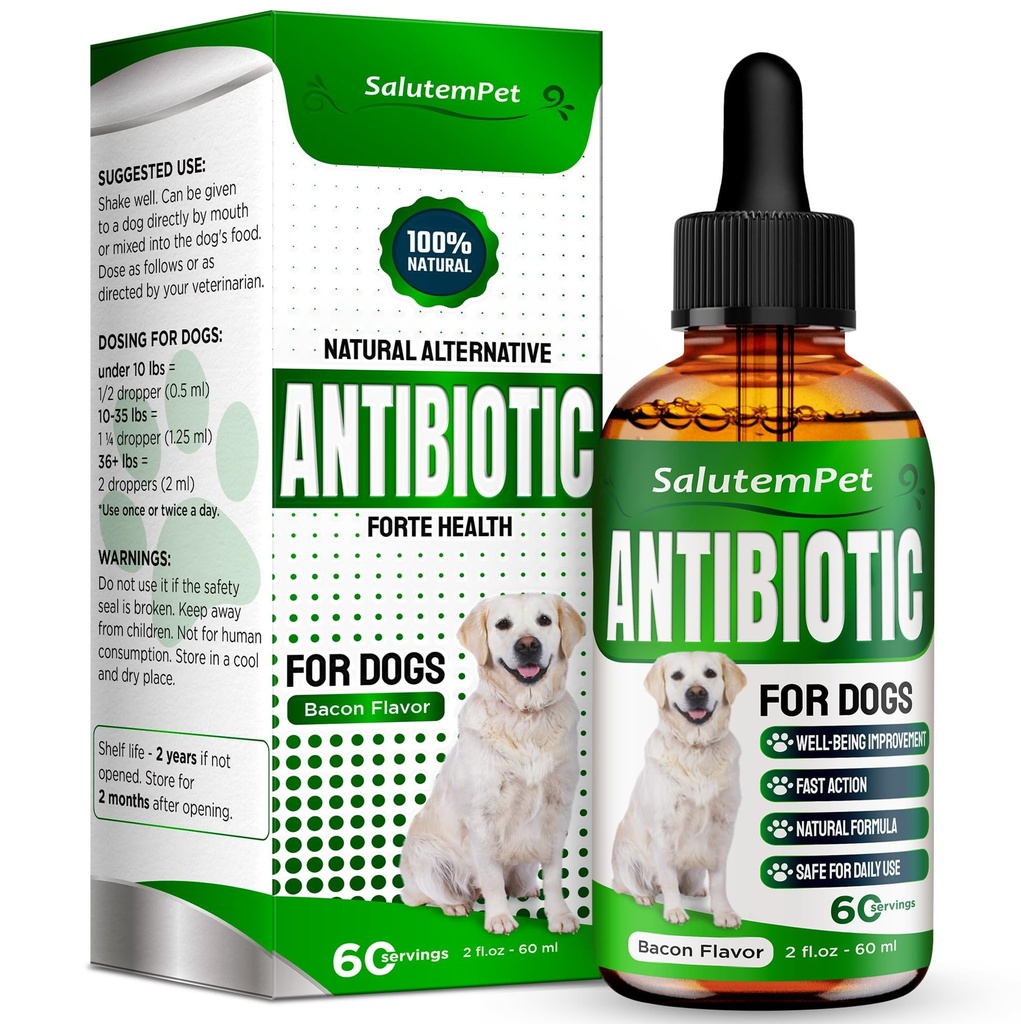Natural Antibiotics for Dogs and Puppies – Antibiotics for Dogs of All Ages – Herbal Ingredients – Helps with Allergies and UTIs – for Balanced Digestion – Joint Care – Bacon Taste – 2 Oz