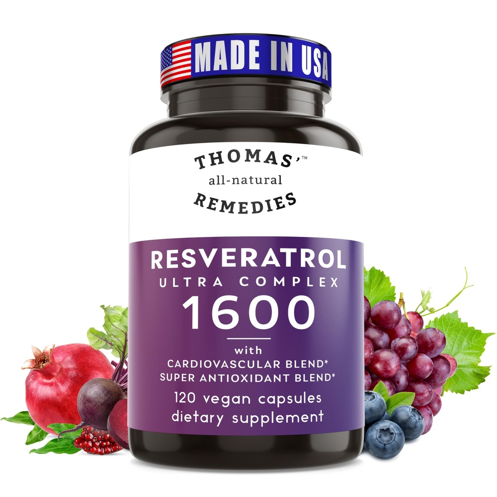 Thomas visu dabas aizsardzības līdzekļi Resveratrol 1600mg Organic Trans-Resveratrol Antioksidants Papildinājums ar organisko vīnogu sēklu ekstraktu un Quercetin- Anti-Aging un sirds un asinsvadu Support- 120 kapsulas