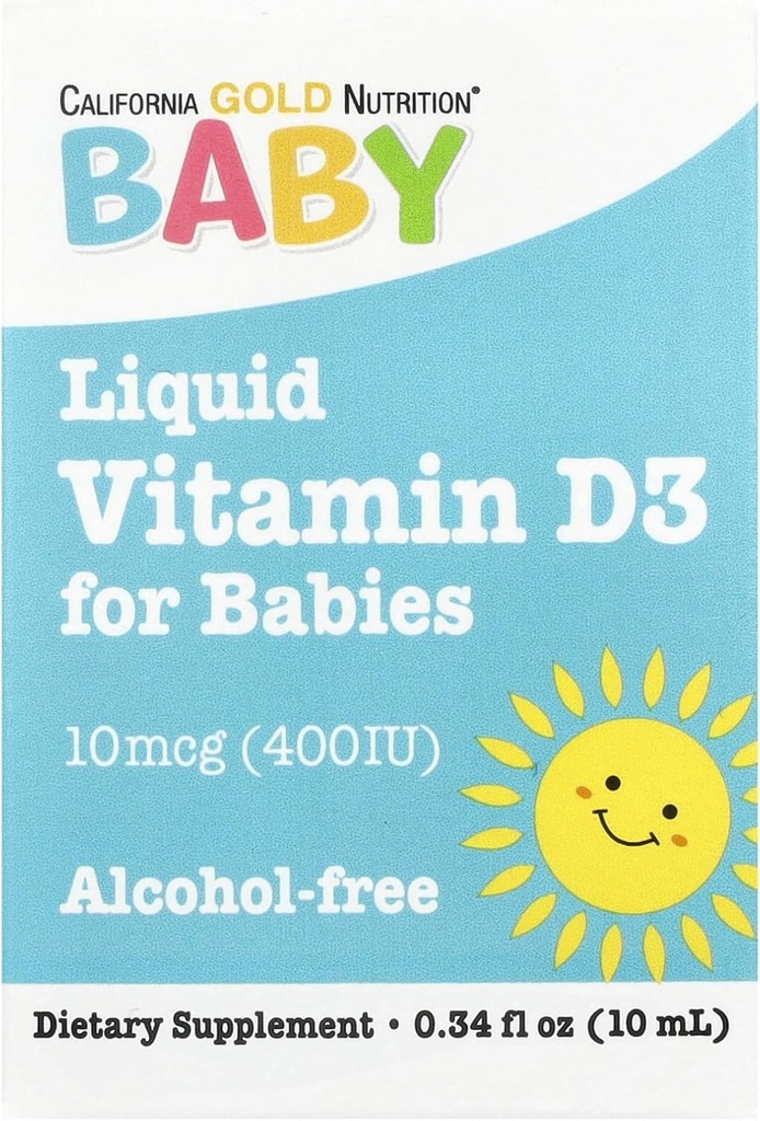 California Gold Nutrition Baby Vitamīns D3 Šķidrais D3 Papildinājums zīdaiņiem, Veģetārietis Friendly - Attīstības atbalsts - Alkohols un glutēns Bez, Ne-GMO - 10 μg (400 SV) - 0,34 fl oz (10 ml)