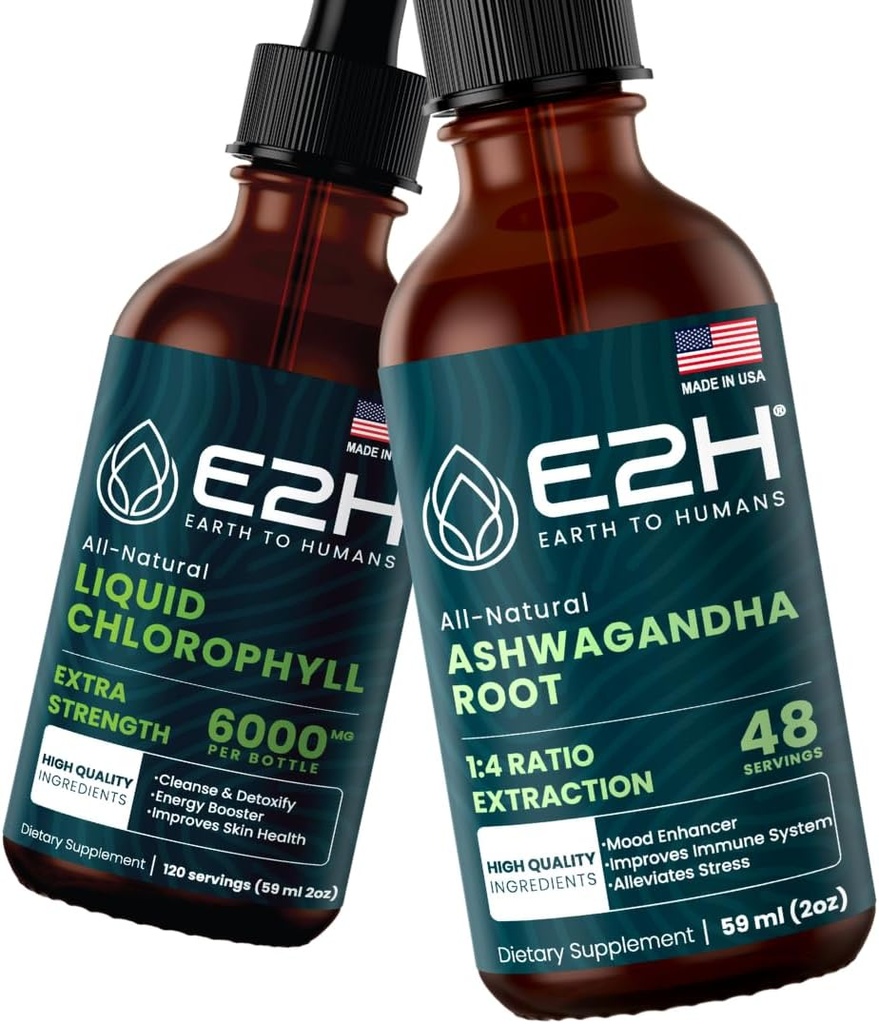 E2H: šķidrs hlorofils un ašvaganda šķidrs piliens; Vegāns, ne-ĢMO — 2 Fl Oz katrā (4 Fl Oz kopā) — paka
