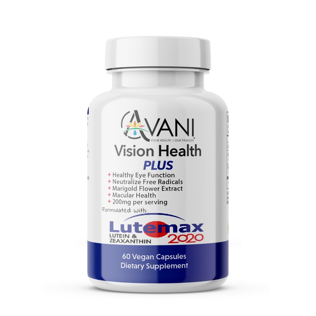 Avani Vision Health Plus Eye Health Ražots ar Lutemax 2020 20mg Lutein 4mg Zeaxanthin