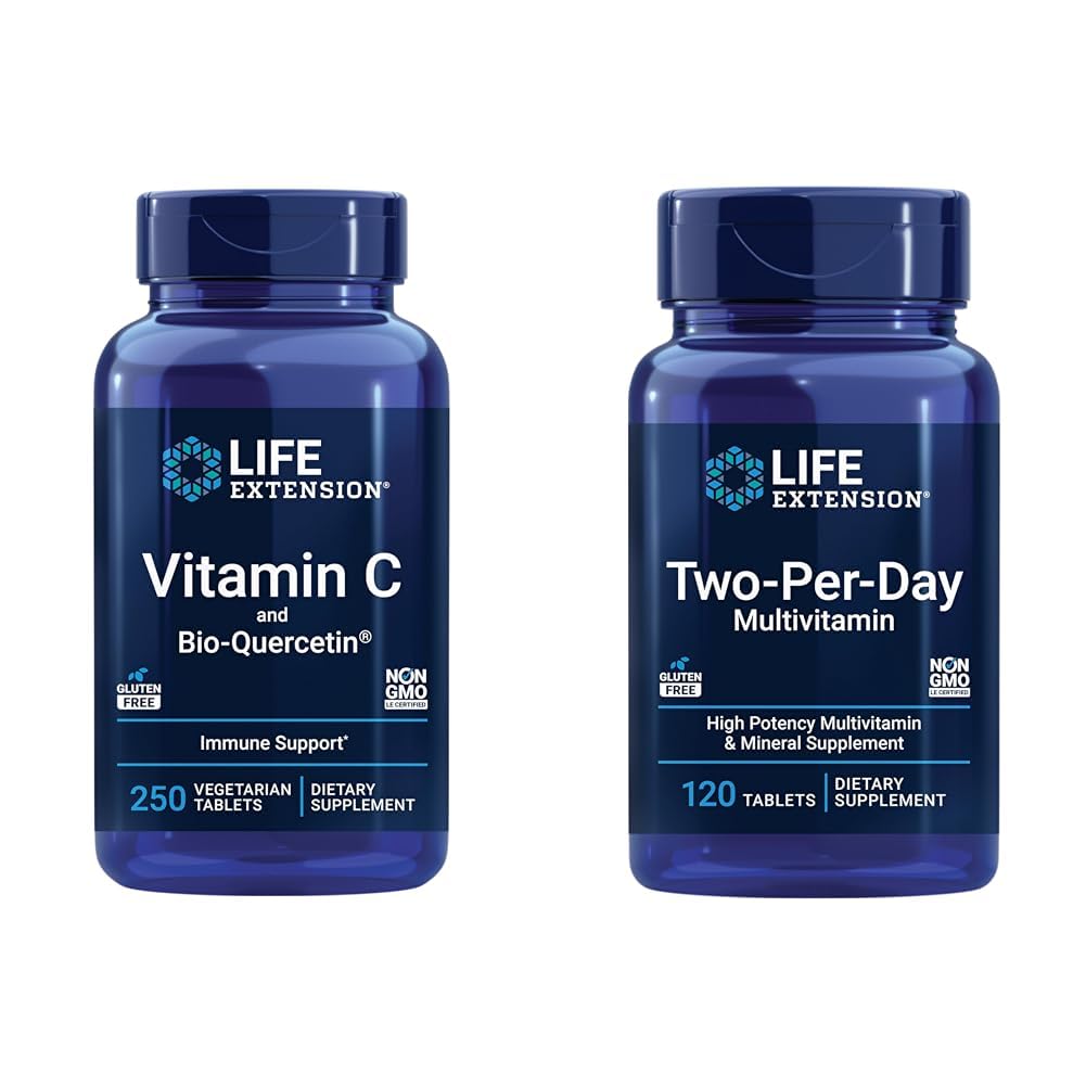 Dzīvības paildzinājums Vitamīns C & Quercetin Plus Multi-Vitamīns & Minerāls Papildinājums - 250 tabletes & 120 tabletes