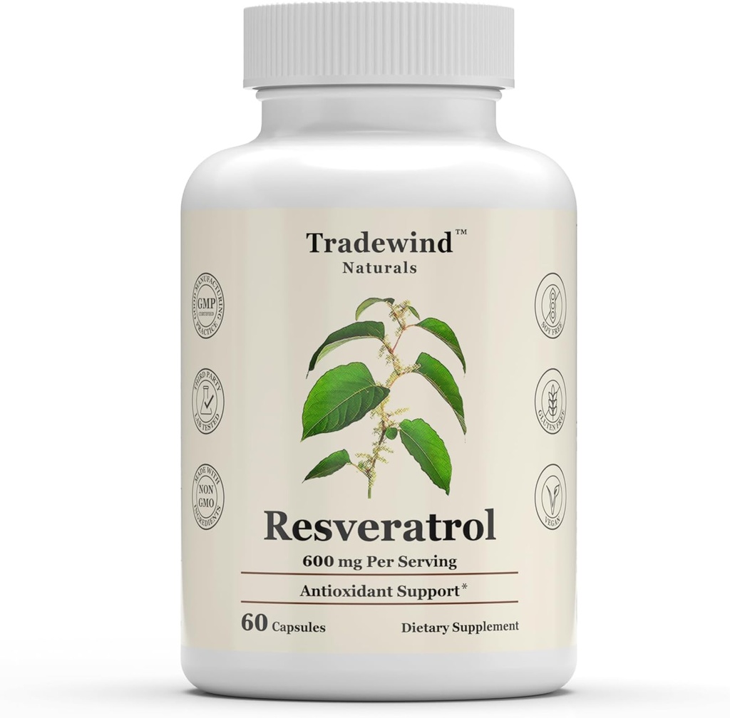 Resveratrol 600mg - Vegan - Ne- GMO - Atbalsts Veselīga novecošana un sirds un asinsvadu veselība - Bagāts ar antioksidanti - 60 Dārzeņu kapsulas