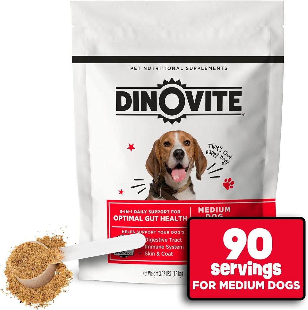 Dinovīts 3 in 1 Probiotika vidēja auguma suņiem, āda un apmatojums, Gremošanas Veselība & Kopīgi Reliefs, Suņu Pārtikas Toppers, Imūnsupport, Alerģija Relief & Nieze Reliefs ādas kopšana, 90 Kalpo (18-45lb)