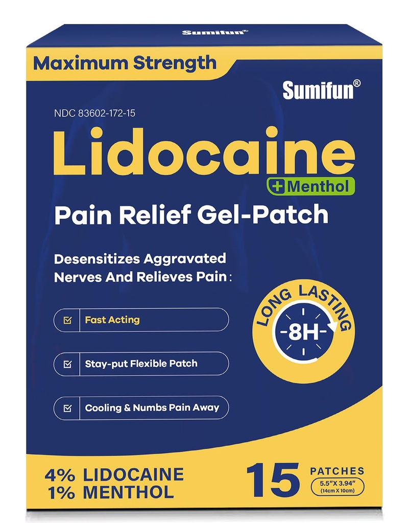 Sumifun 4% Lidokaīns Patches Plus 1% Menthol - 15 Skaita maksimālais spēks OTC sāpes Relief Patches par Back Ache Stiff Kakla locītavu sāpes Muskuļu Soreness Akūta pretsāpju
