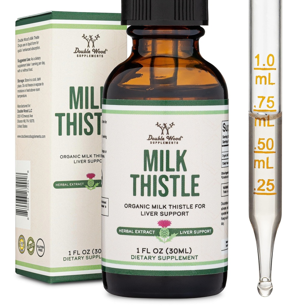 Piena dadzis Papildinājums - Organisks piens Dadzis Aknas Detox pilieni 1 FL OZ - 30 Kalpo (Vegan Safe, No-GMO, Bez Gluten) Perfekta Papildinājums Tējai ar Double Wood