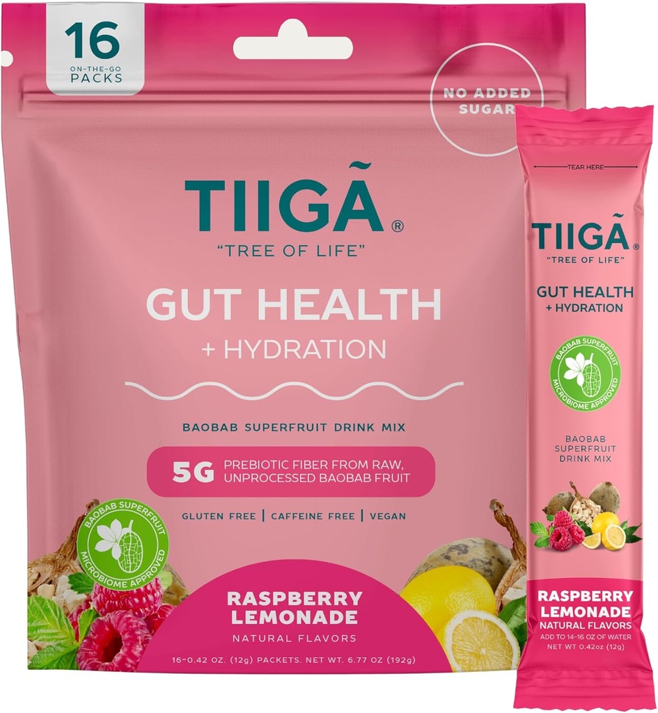 Tiiga Gut Veselība + hidratācijas Dzēriens Mix – 7g Baobab, 5g Prebiotic Fiber, Elektrolīti, Nē Piens, Vegan, Nav Pievienots Cukura, Gremošanas, Regulārība, & Aizcietējums – 16 Kalpo