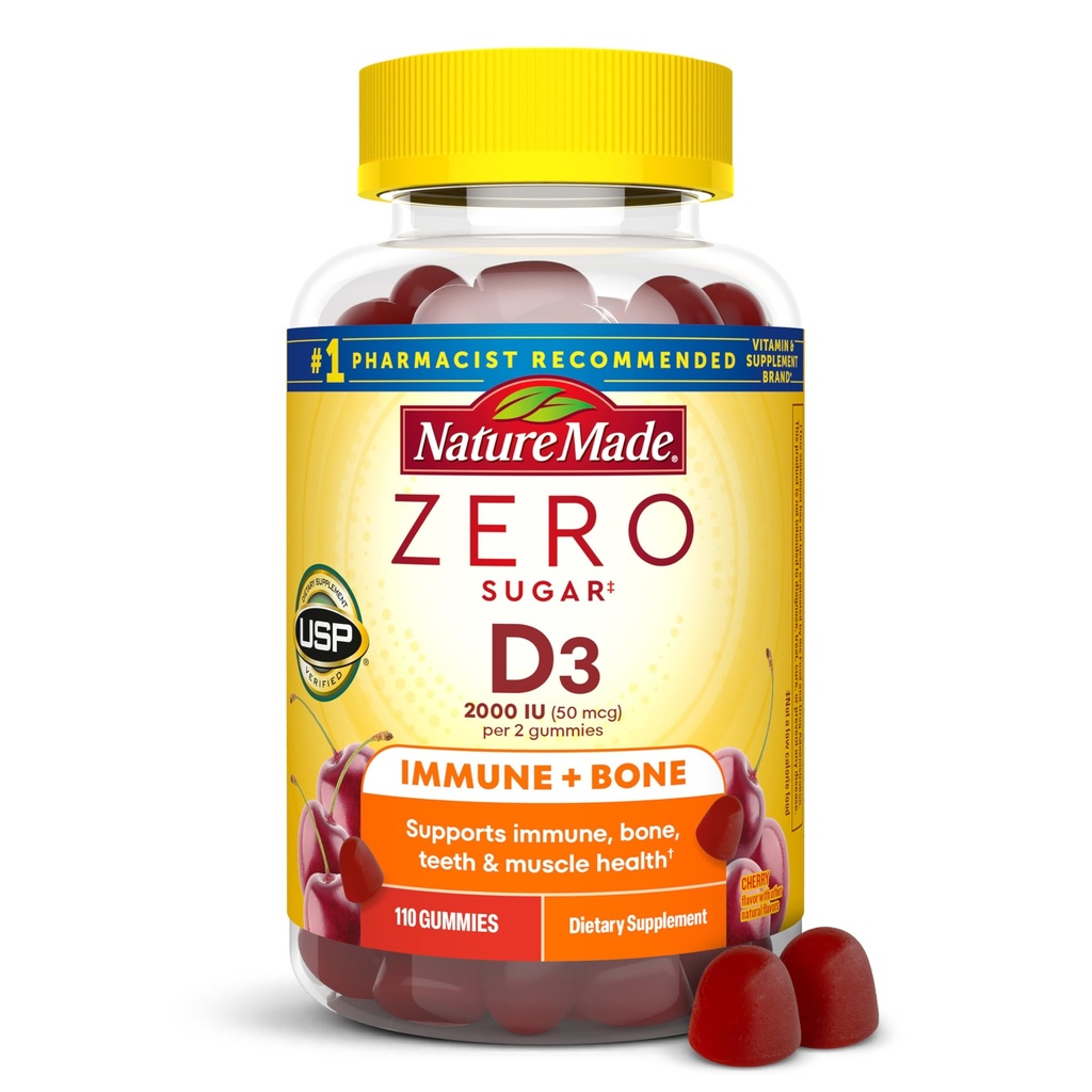 Dabā ražots Nulles cukurs D3 vitamīns Gummies 2000 SV (50 μg) Vienam servisam, Kaulu un imūnās sistēmas atbalsts, Aspartāms bez, 110 D vitamīna Gumies, 55 dienu piegādes
