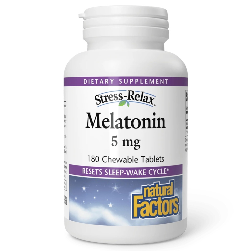 Stress-Relax Melatonīns 5 mg pēc dabas faktoriem, dabas miega palīglīdzeklis, Resets miega-nomoda cikls, 180 košļājamās tabletes (180 porcijas), Piparmētru Flavor