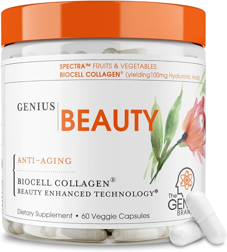 Genius Beauty, Matu āda un naglas Vitamīni, 60 Kapsulas - Antioksidantu piedevas, hidrolizētas kolagēna tabletes, glutations un astaksantīns - Detoksi tīrība, grumbas, matu augšana un veselīga āda