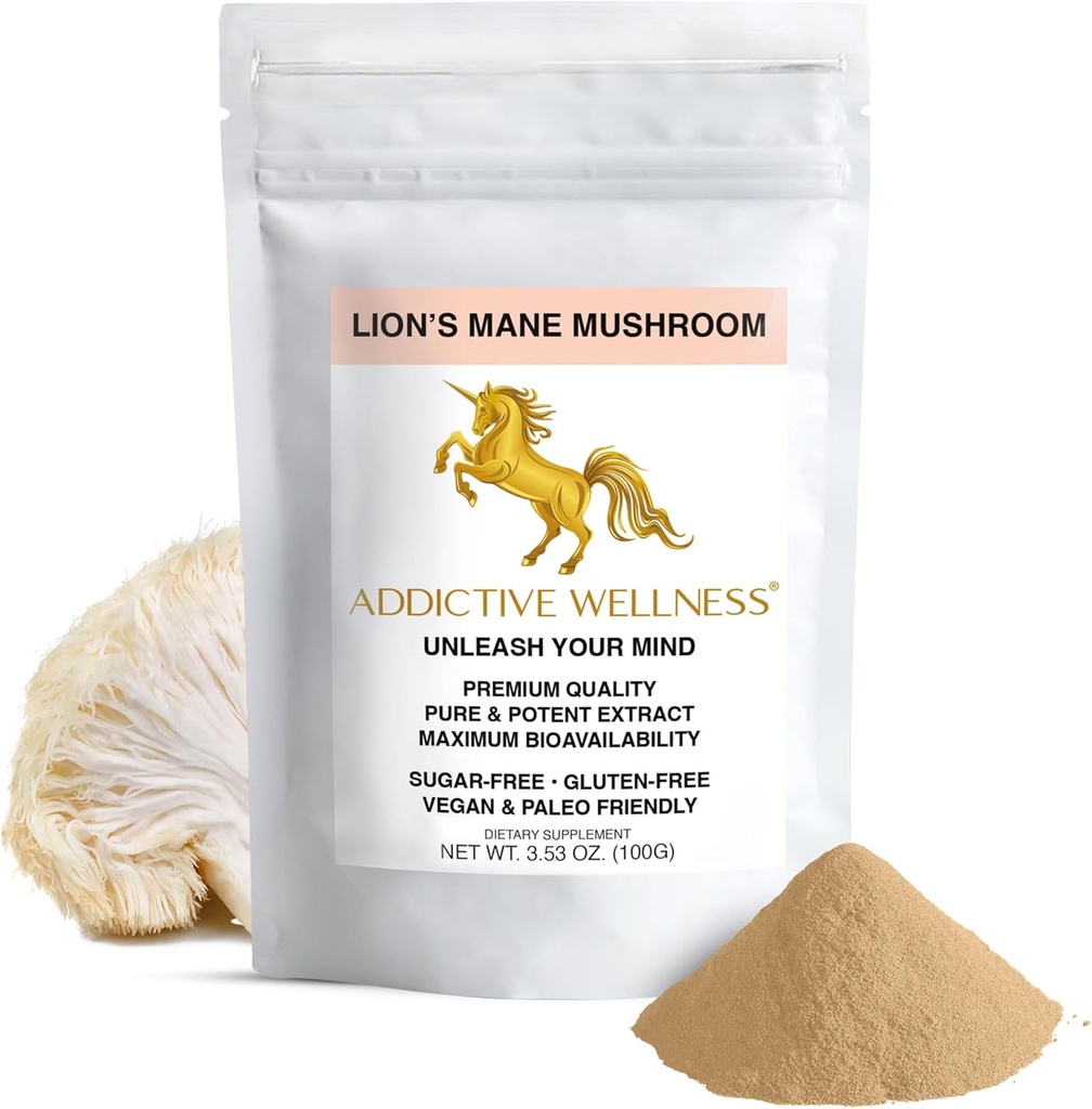 Additive Wellness Lions Mane papildinājums Pulveris, Premium kvalitāte Lions Mane sēņu pulveris Dual-Extract Nootropic, bez cukura, Vegan & Paleo Lion's Mane sēņu papildinājums - 1500 mg (100 Grams)