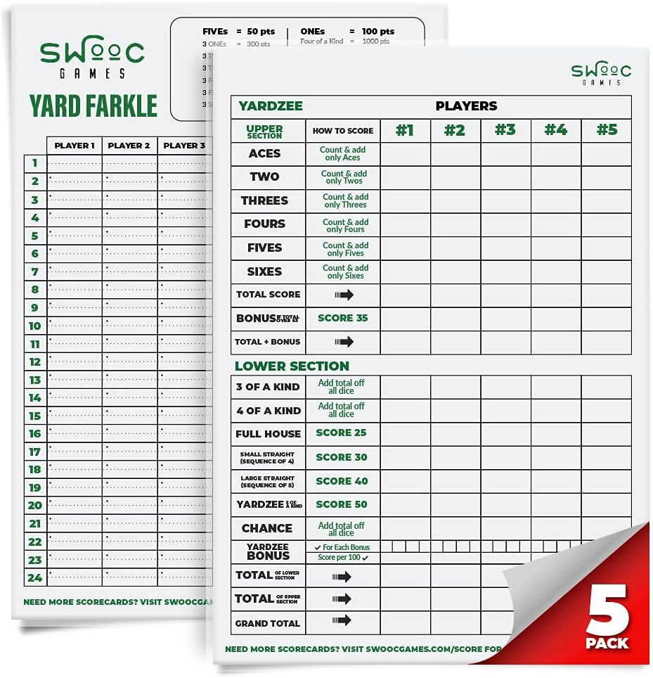 SWOOC Games® - 5 Big Premium Laminated Yardzee & Farkle Score kartes (11,5in x 8in) ar noteikumiem - Lieli atkārtoti lietojamie sausie erāzes padi milzīgiem ārpus telpām