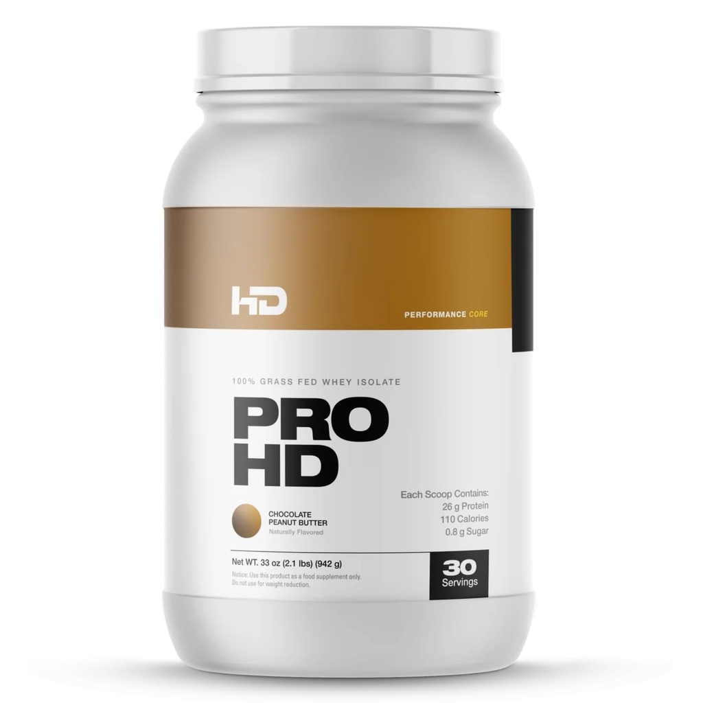 HD MUSCLE ProHD proteīns -100 % ar zāli barots sūkalu izolāts - 25g Olbaltumvielas, 114 Kalorijas, 0g Tauki -nulles pildītāji vai aminopikings -30 Kalpotāji (šokolādes zemesriekstu sviests)