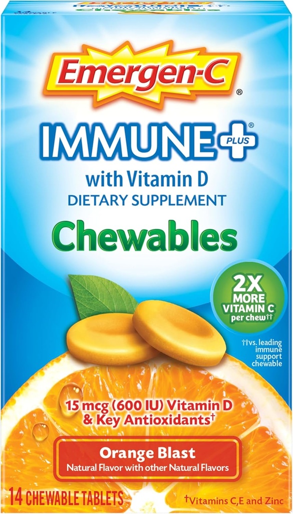 Emergen-C Imūnās+ košļājamās tabletes 1000mg C vitamīna tabletes, ar vitamīnu D, imūno atbalstu Uztura papildinājums Imunity, Orange Blast Flavor - 14 Skaits