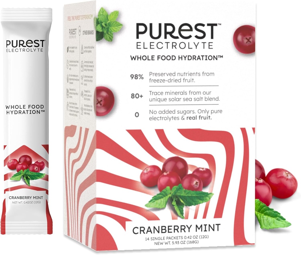 Zināt smadzeņu jaunu! Purest Electrolyte Cranberry Piparmētru pulvera paketes – visa pārtika Hidratācija - Organic Freeze-Dried Fruits un Saules jūras sāļi Ultimate Electrolyte Balance