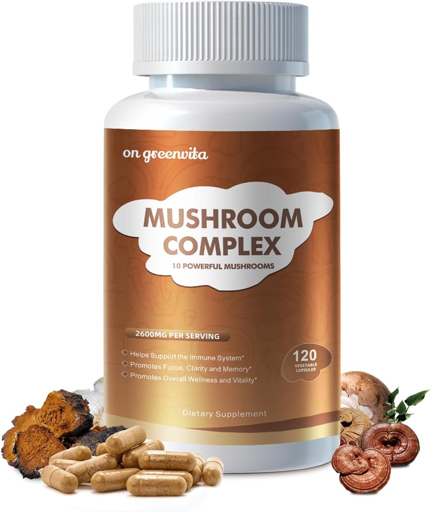 Sēņu komplekss Papildinājums 2600mg, 120 Kapsulas - 10 Sēnes Blend - Reishi, Lions Mane, Cordyceps, Chaga, Turkey Aste, Maitake, Shiitake, Oyster Nootropic Complex - smadzenes, enerģija, Focus Pills