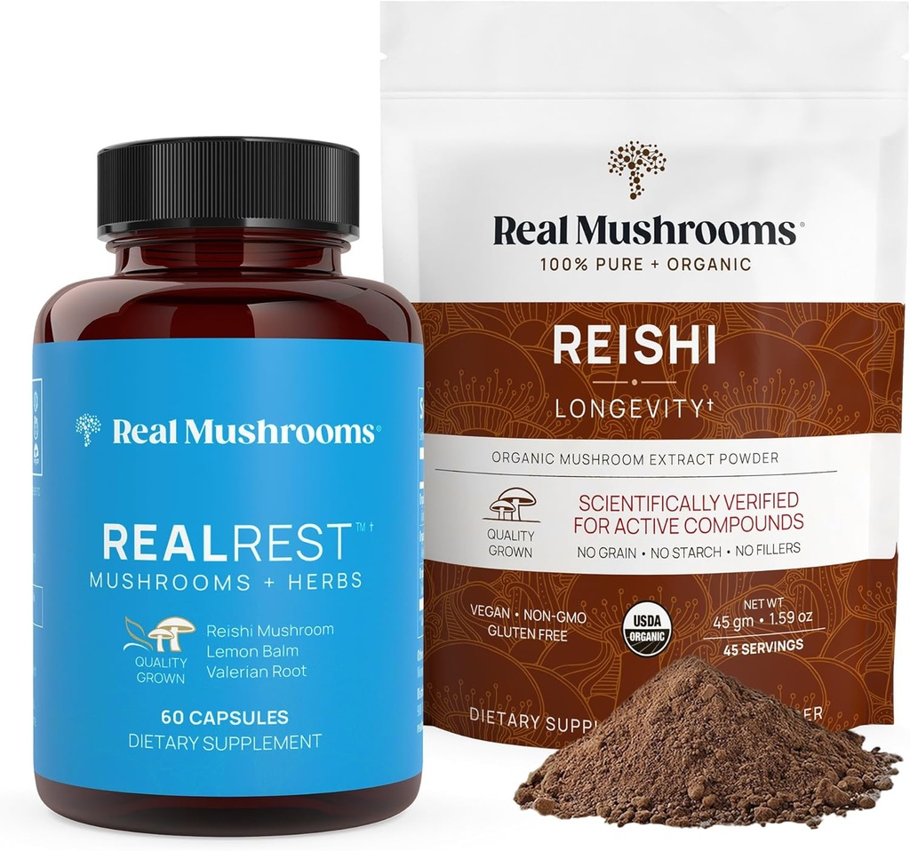 Reālās Sēnes RealRest (60ct) Kapsulas un Reiši Sēņu Pulveris (45 Kalpojumi) Bundle - Sēņu Papildinājums ilgmūžībai, Ikdienas Imūnsupports, Uzlabots Miega un Relaksācija - Vegan, Non-GMO
