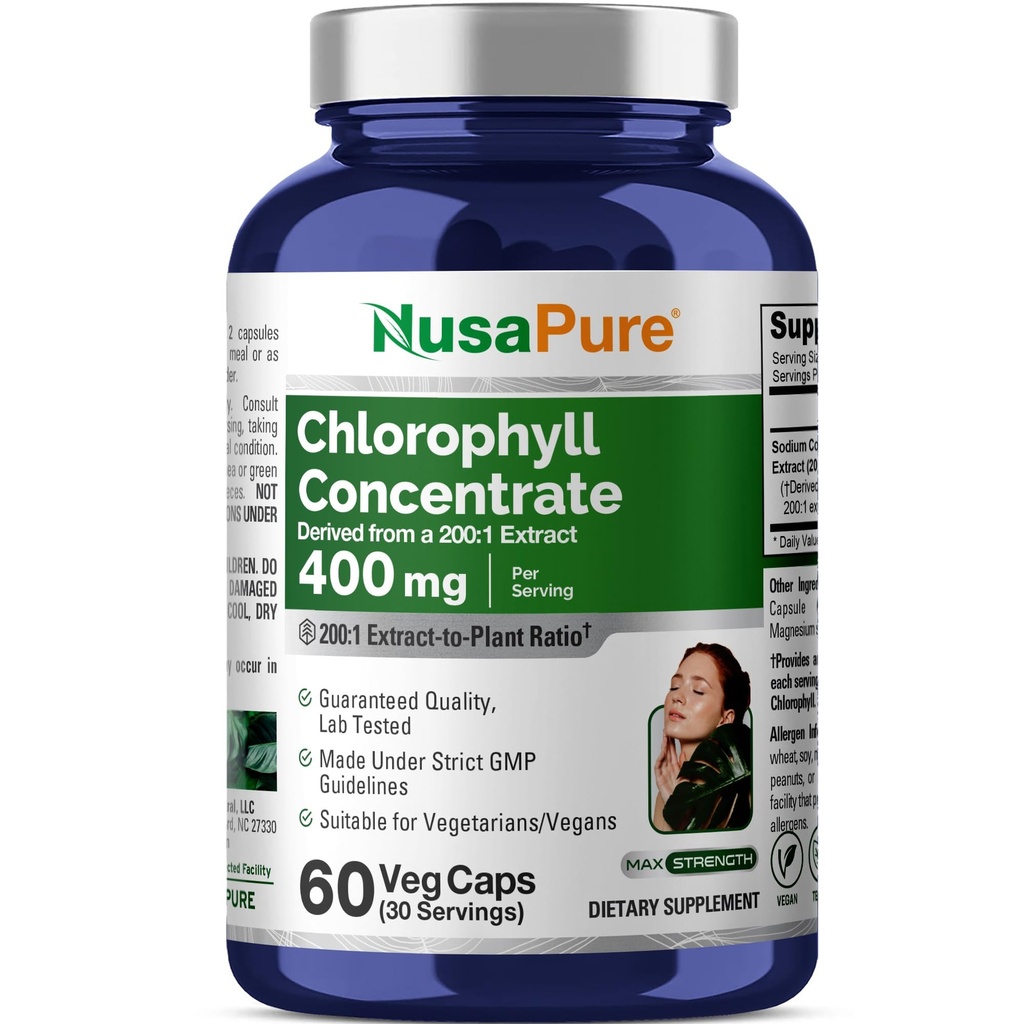 NesaPure Chlorophyll 200:1 ekstrakts, 400 mg ekvivalents 80 000mg 60 Veggie Caps (ekvivalents 80000mg uz apkalpojošo, ne-GMO, Vegan) nātrija vara hlorofilīns