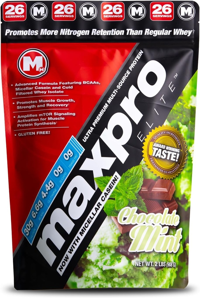 Makss Muskulis Maxpro Elite - 30g Olbaltumvielas - 6.6g BCAAs - Micellar Casein Auksti filtrēts Sūkalu Izolāts Olbaltumvielu Koncentrāts - Veicina muskuļu augšanu, stiprumu un atveseļošanos (šokolādes, 2lb)
