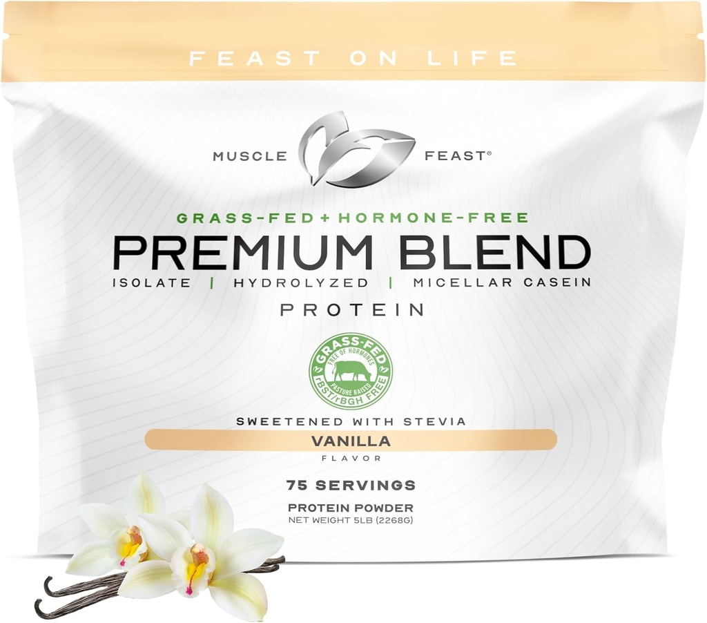 Muskuļu svētki Zālaugu kazeīns Premium Blend Sūkalu proteīns, Hidrolizēts sūkalu proteīns, Izolāts, Micellar Casein, 21g Olbaltumvielas, 100 Kalorijas (Vanilla, 5lb)