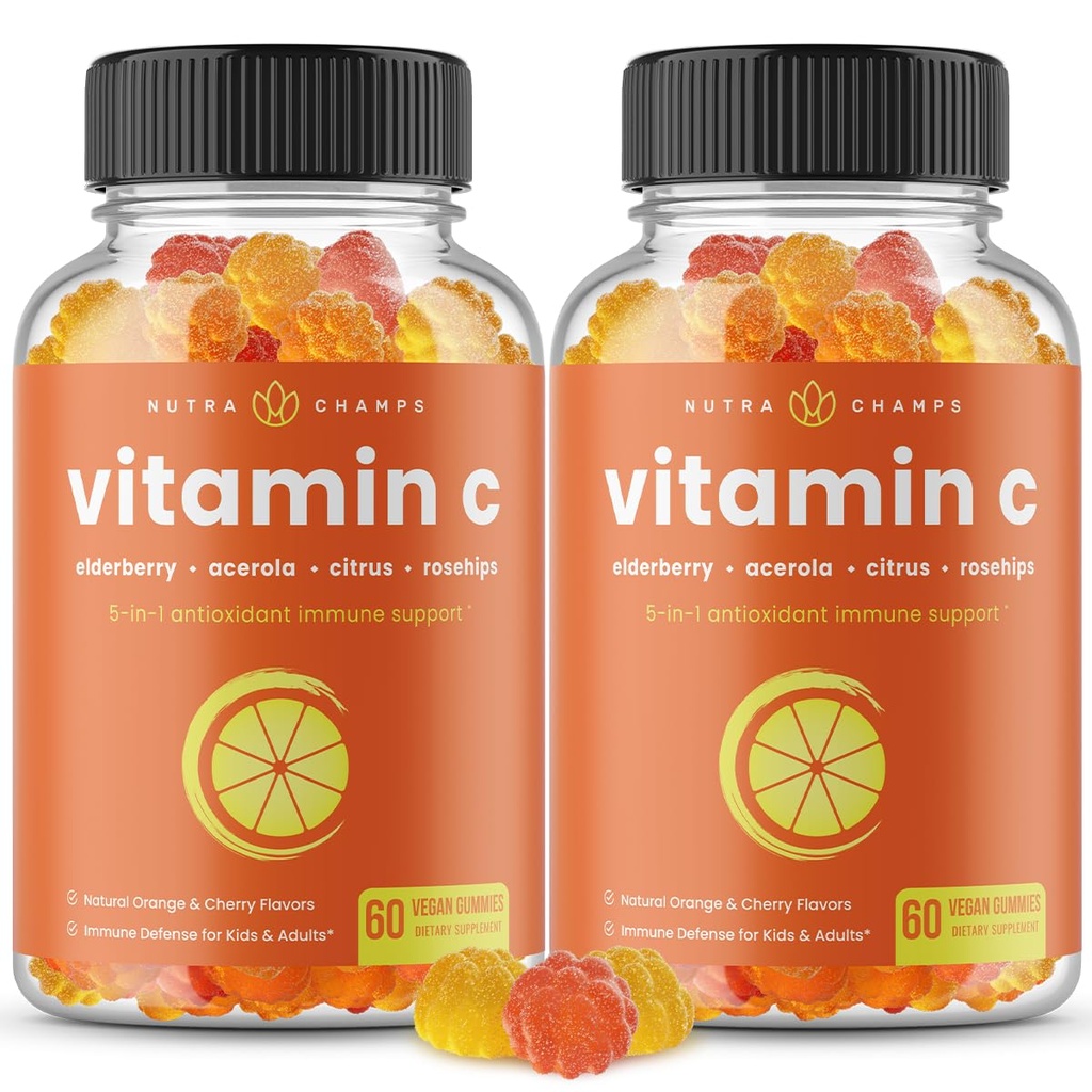 NutraChamps C vitamīns Gumijas pieaugušajiem un bērniem, 5- in- 1 Imūnsistēmas atbalsts ar plūškoka augļiem, rozetēm, Citrus Bioflavonoids & Acerola Cherry, Imunity Booster Papildinājums (2. iepakojums)