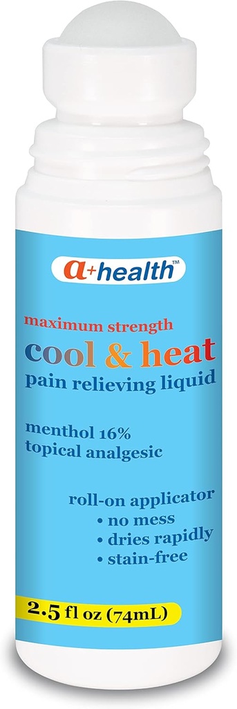 A+Health Cool & Heat Pain Relieving Liquid, mentols 16%, maksimālā stipruma, Roll On, Ražots ASV, 2,5 fl Ounces (CoolHeat)