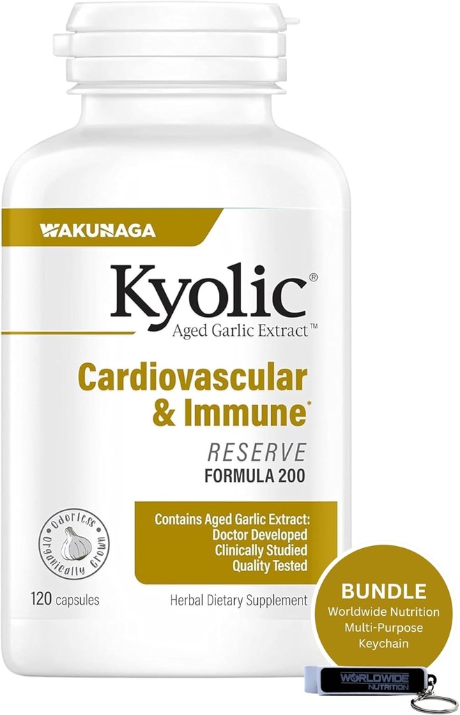 Visā pasaulē uzturs Bundle Savietojams ar Kyolic Aged Ķiploku ekstrakts, Sirds un asinsvadu un Imūnās - Rezervēt Formula 200, Kyolc Aged Ķiploku Extract Kapsulas 120 Skaits un Multi-Purpose Atslēgas Ķēde