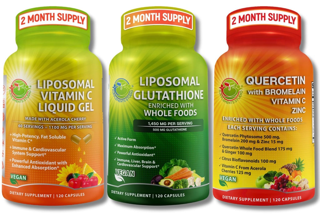 Liposomālais vitamīns C 1100mg Šķidrā gela kapsulas - Salokās kopā ar - Liposomālo Glutationu 500mg Papildinājums, Master Antioksidants & Detoksifikators & Quercetin ar Bromelain C vitamīnu un cinku