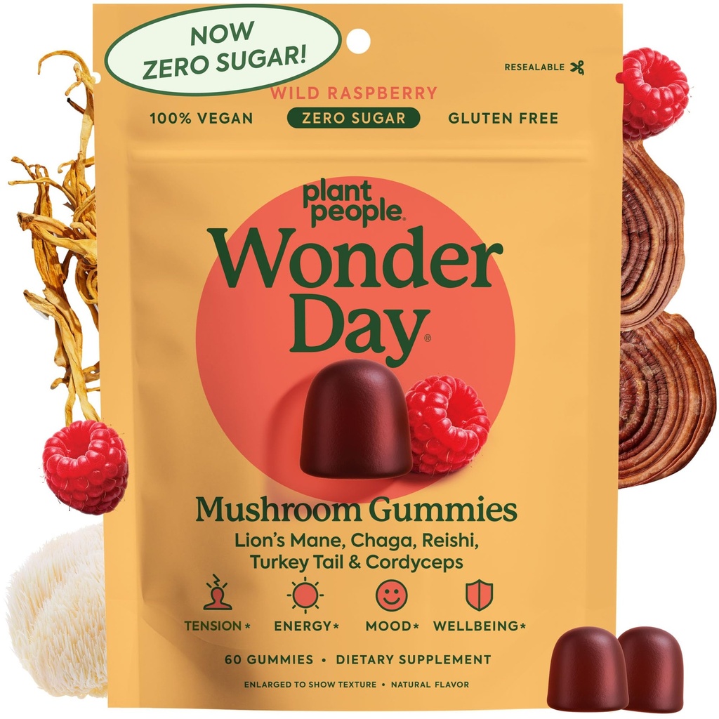 Augu cilvēki WonderDay Sēnes Gumijas - Lauvas Mane, Cordyceps, Chaga Sēņu Papildinājums, lai atbalstītu Imūnās sistēmas De-Stress Boost Mood & Enerģija pieaugušajiem Dabas, Vegan, ne-GMO (60 grāfs)